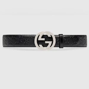 Gucci Embossed Black Belt with Silver Logo Buckle